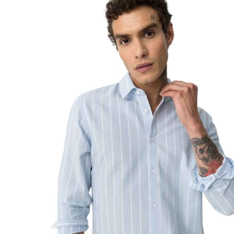 Camisa De Algodón A Rayas Celeste